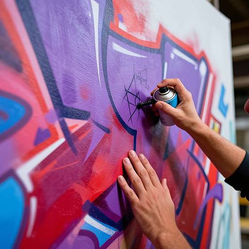 Photograph of hands spraying black star stencil on vibrant, colorful graffiti wall with red, blue, and purple geometric shapes.