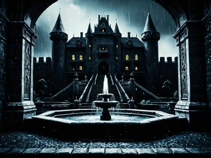 Dark Fantasy Castle with Fountain in Rain