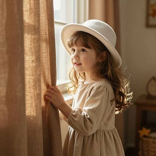 Photograph of a young girl with wavy brown hair, wearing a white sunhat and beige dress, standing by a sunlit window.