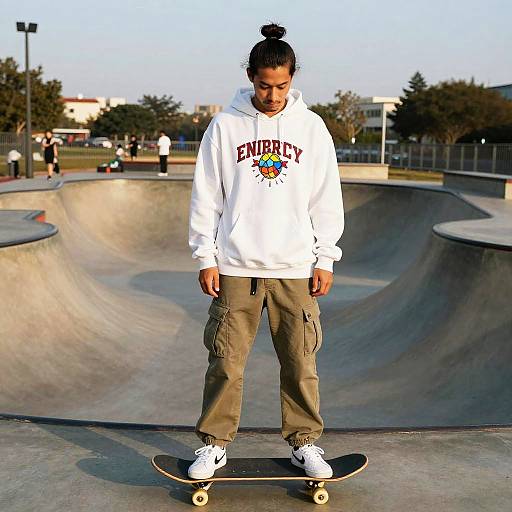 Photograph of a young man with a top knot, wearing a white 