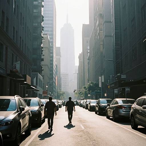 Photograph of a sunlit urban street with two silhouetted pedestrians walking between parked cars, flanked by tall, shadowed buildings.