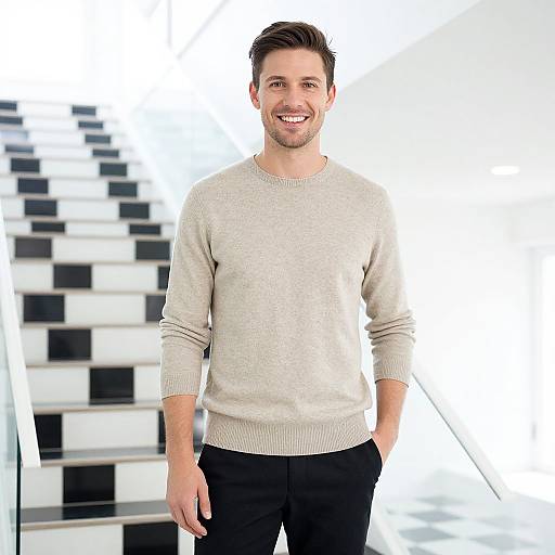 Photograph of a smiling, attractive man with short brown hair, light beard, wearing a beige sweater and black pants, standing in front of a black