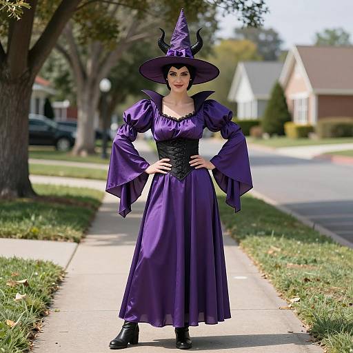 Woman in Purple Witch Costume on Suburban Sidewalk