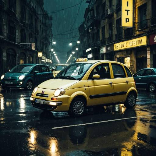 Yellow Fiat Multipla Taxi in Rainy Urban Street