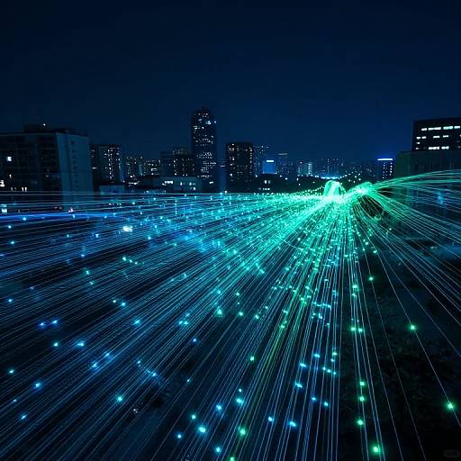 Nighttime cityscape photograph featuring vibrant blue and green laser lights radiating from the center, illuminating a dark urban rooftop with distant, lit skyscrap