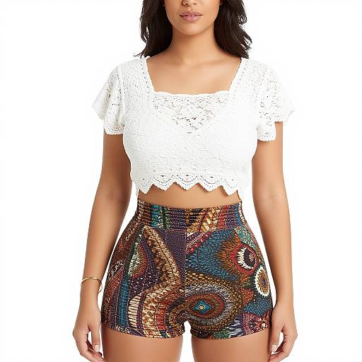 Photograph of a woman with medium skin tone, black wavy hair, wearing a white crocheted crop top and colorful, patterned high-w