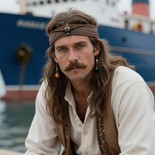 Man with Long Hair and Beaded Accessories by Ship