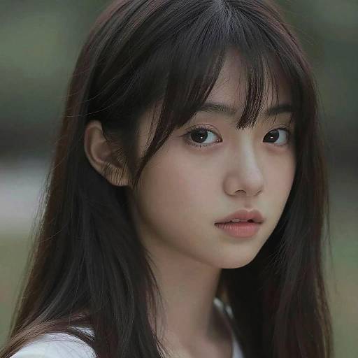 Photograph of a young Asian woman with long, dark brown hair and bangs, looking slightly to the side with a neutral expression, wearing a white