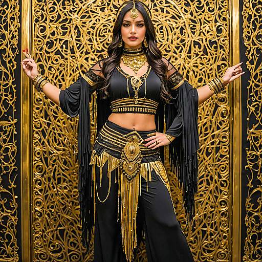 Exotic Belly Dancer in Black and Gold Outfit