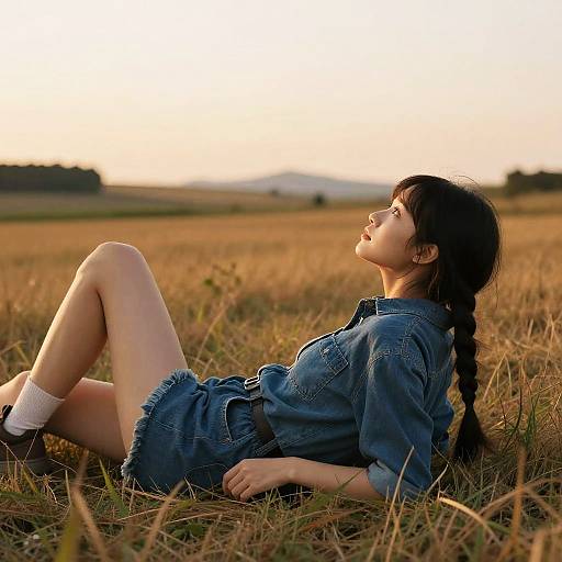Young Woman Relaxing in Golden Field at Sunset