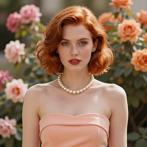 Elegant Red-Haired Woman with Pearl Necklace