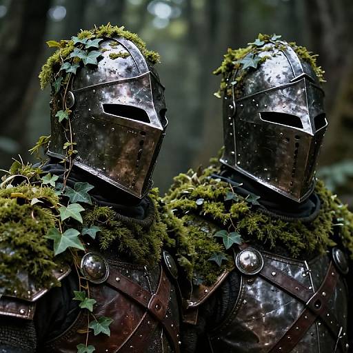 Photograph of two medieval knights in shiny, moss-covered steel helmets and armor, standing in a dark, misty forest. Ivy vines adorn their helmets