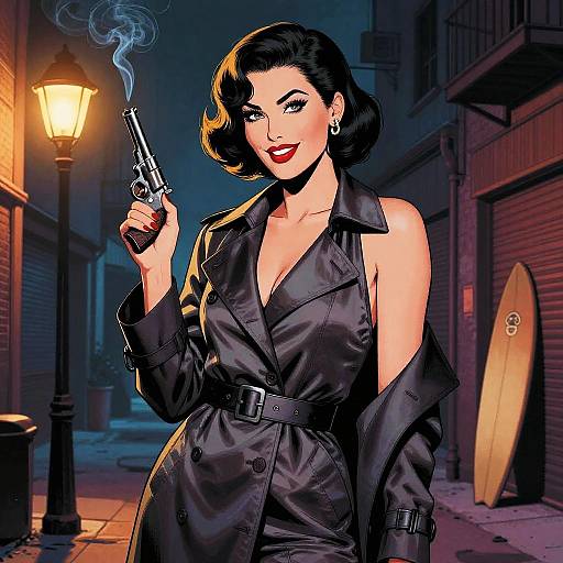 Digital comic-style illustration of a confident, dark-haired woman in a black, low-cut trench coat, holding a smoking gun on a nighttime urban street.