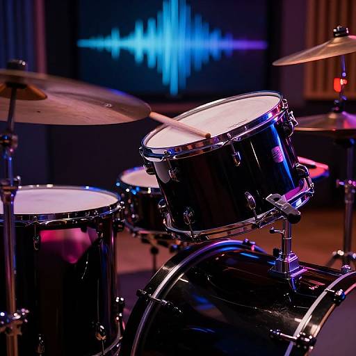 Photograph of a glossy black drum set with chrome hardware, illuminated by vibrant purple and blue lights, against a blurred background featuring a colorful blue waveform on