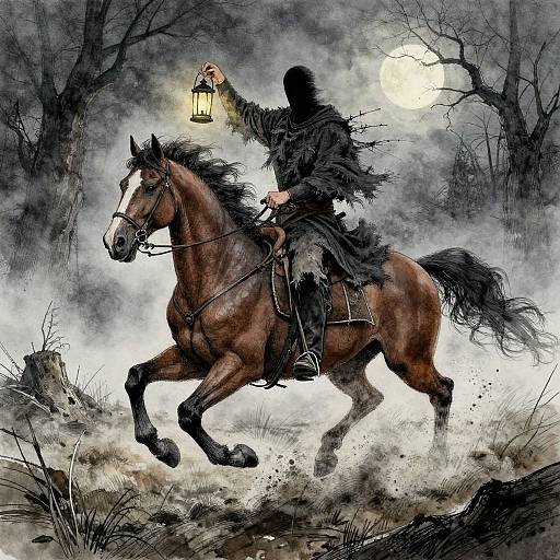 Mysterious, hooded figure rides a galloping brown horse under a full moon, holding a lantern in a dark, foggy forest. Digital