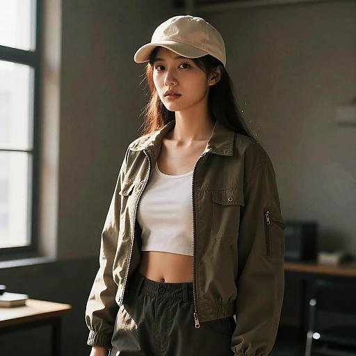 Photograph of an Asian woman with long black hair, wearing a beige cap, green jacket, white crop top, and black pants, standing in a