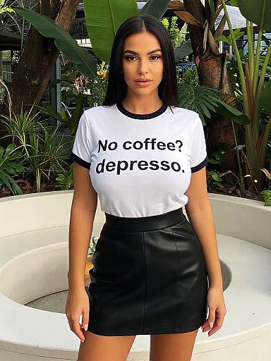 Woman Wearing No Coffee Depresso T-Shirt in Tropical Garden