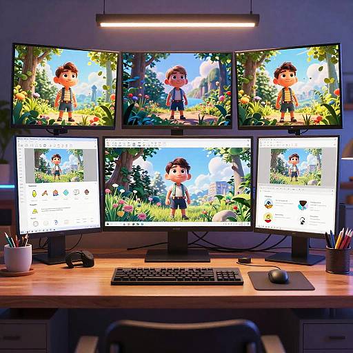 Photograph of a brightly lit office desk with three monitors displaying colorful, cartoon-style images of a young boy in a forest. Keyboard, mouse, and