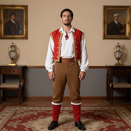Photograph of a bearded man in traditional Spanish attire, white shirt, red vest, brown pants, red socks, black shoes, standing in a