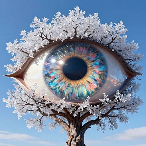 Digital artwork of a tree with a giant, colorful, reflective eye in place of a trunk, surrounded by white blossoms, against a clear blue sky