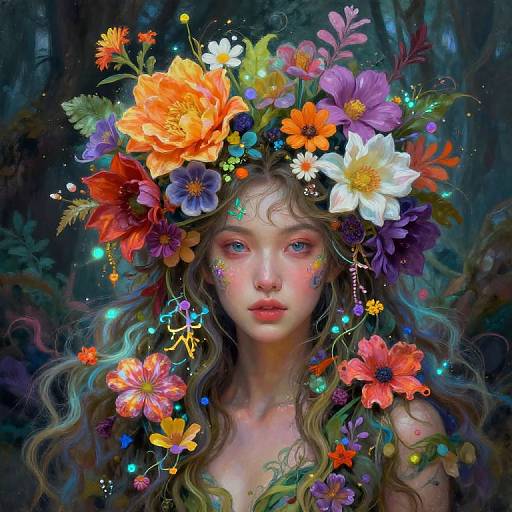 Digital painting of a fair-skinned, blue-eyed woman with long, wavy hair, adorned with a vibrant flower crown, set against a dark,