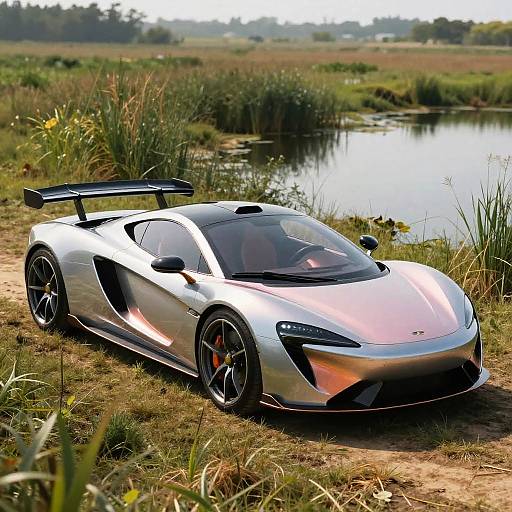 Futuristic Silver and Pink Flying Car