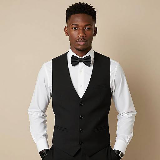 Photograph of a handsome Black man with short, curly hair, wearing a black vest, white shirt, black bow tie, and black gloves, standing