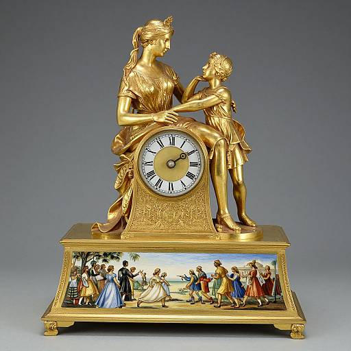 Gilded clock featuring classical sculpture of seated woman with child, detailed painting of biblical scene on base, Roman numeral clock face.