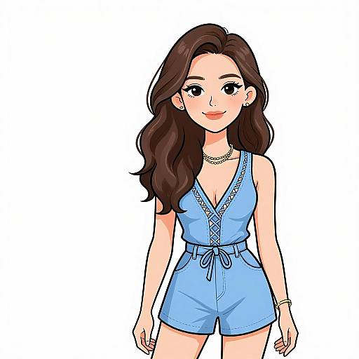 Digital illustration of a smiling woman with long brown hair, wearing a light blue, deep V-neck romper with lace trim, gold necklace, and bracelet