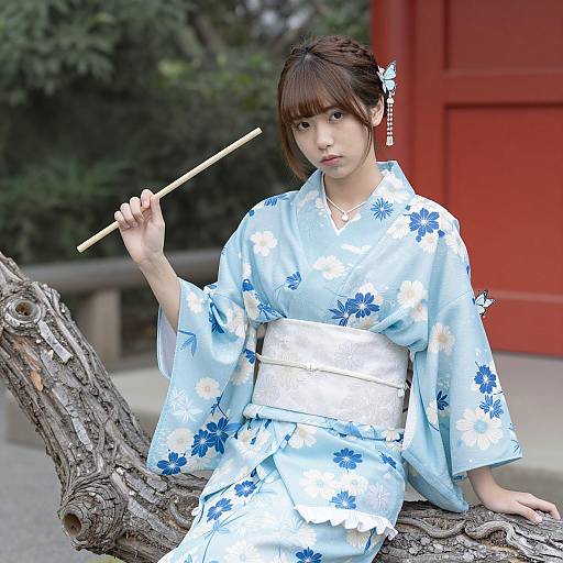 Young Woman in Floral Kimono on Branch
