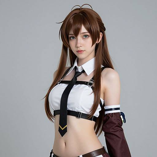 Digital CGI image of a young woman with long brown hair, blue eyes, wearing a white crop top, black necktie, and black harness against a