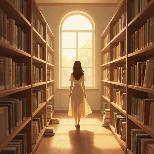 Digital art: A girl in a white dress walks away from a sunlit library window, surrounded by wooden bookshelves. Warm sunlight bathes the
