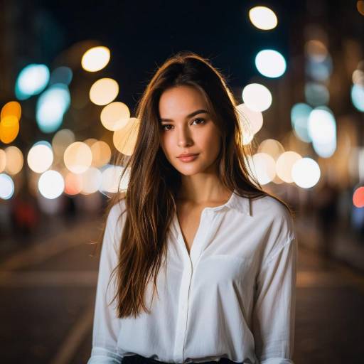Young Woman in White Shirt on City Street at Night