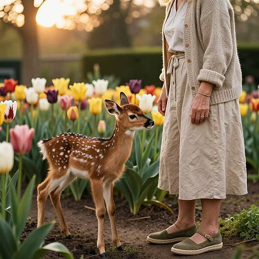 Elderly Woman and Fawn in Tulips