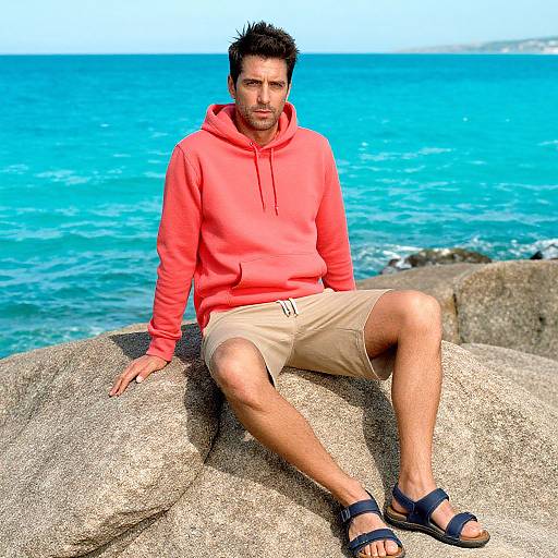 Photograph of a middle-aged man with short, dark hair, wearing a bright red hoodie, beige shorts, and navy sandals, sitting on a large