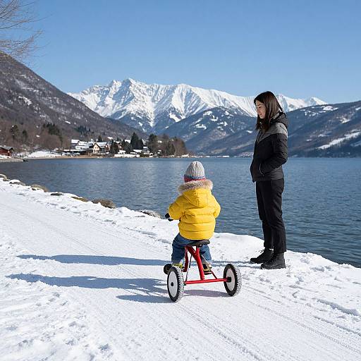 Child on Tricycle by Snowy Lakeside