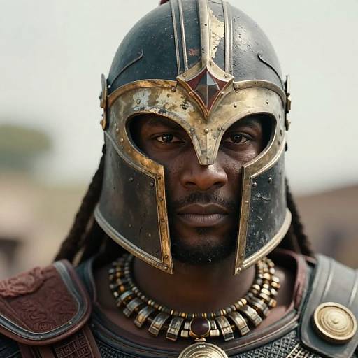 Photograph of a serious African warrior with dark skin, wearing a weathered, gold-accented helmet, and a beaded necklace, against a