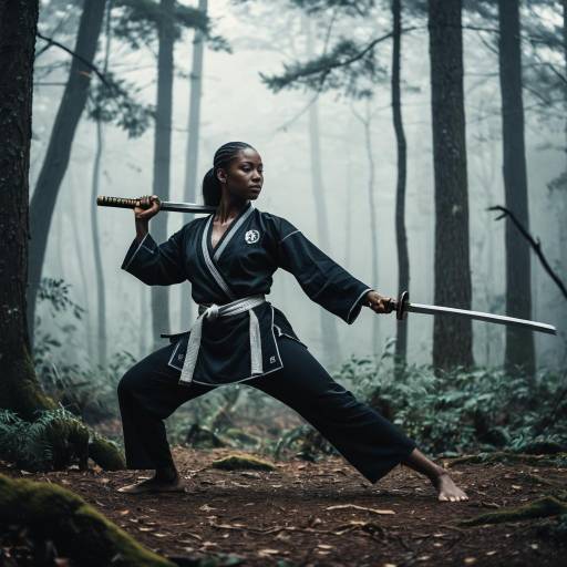Ebony Martial Artist in Foggy Forest