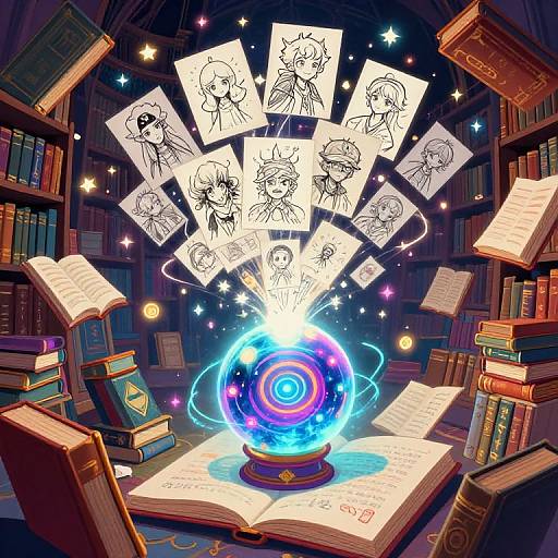 Magical library scene: glowing orb on open book, sketch drawings of anime girls float above, surrounded by floating books and stars. Digital art.