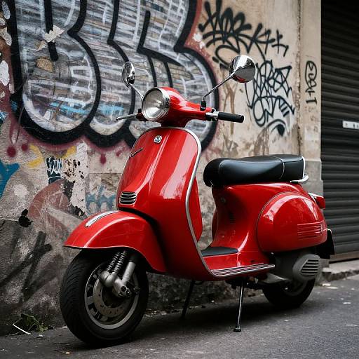 Vibrant red vintage scooter parked against graffiti-covered concrete wall with large black and white tags, next to a black roll-up door. Photograph.