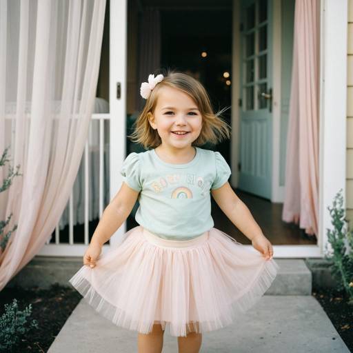 Smiling Toddler in Tulle Skirt by Nursery Entrance