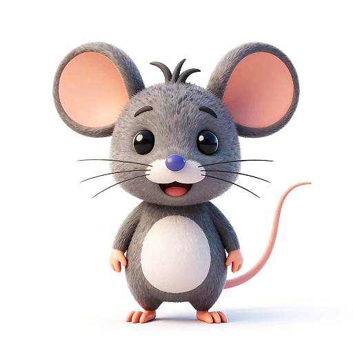 Cute, cartoon-style gray mouse with large pink ears, blue nose, white belly, and cheerful expression, standing against a white background.