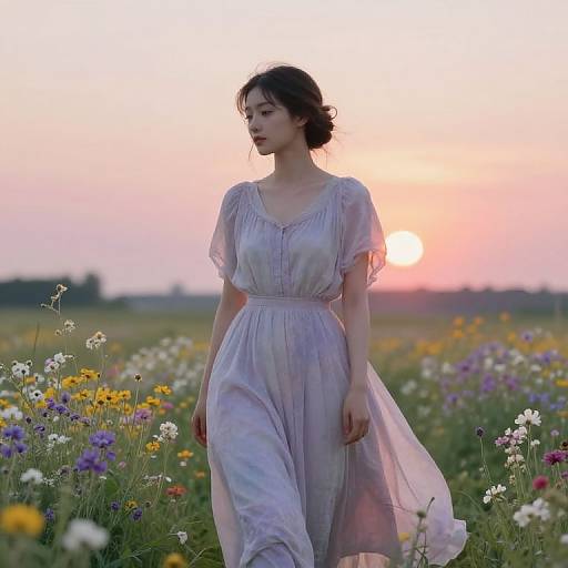 Photograph of an Asian woman in a flowing, pale lavender dress walking through a colorful meadow at sunset, with a soft, pink-orange sky in