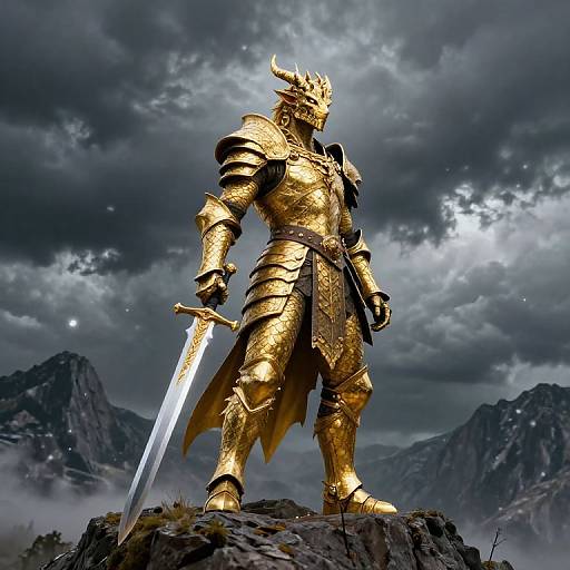 Photorealistic CGI of a golden-armored, horned warrior standing on a rocky peak, holding a glowing sword under a stormy, mountainous