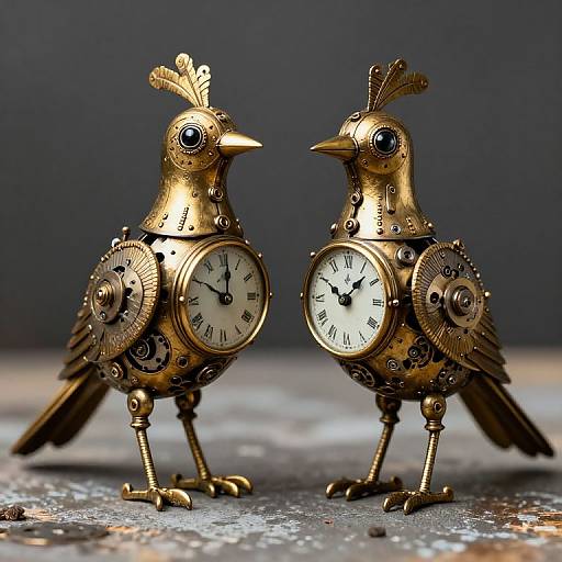 Photograph of two intricately designed, gold-colored, mechanical bird clock sculptures with clock faces, standing on a textured surface against a dark, blurred background