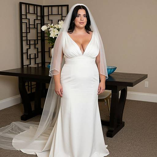 Photograph of a plus-size woman with dark hair wearing a white, deep V-neck wedding dress and veil, standing in a beige room with a black