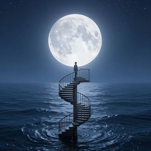 Silhouetted figure on spiral staircase standing on moonlit, starry ocean, with full moon overhead; digital art in monochromatic blue.