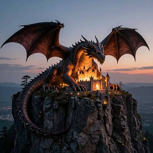 Photograph of a majestic black dragon with glowing orange underbelly and outstretched wings guarding a lit, medieval castle on a rocky cliff at twilight