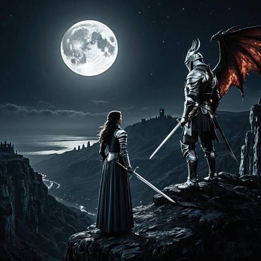 Queen and Knight on Cliff Under Full Moon with Dragon