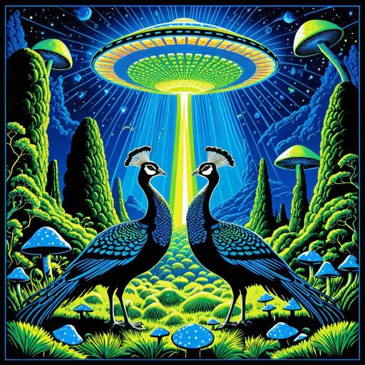 Vintage 70s Black Light Poster with Peacocks and UFO